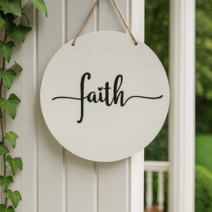 Faith Porch Sign – Outdoor Engraved Wood Sign, White Christian Door Decor, Religious Front Porch Accent, Exterior Wall Sign, Rustic Faith