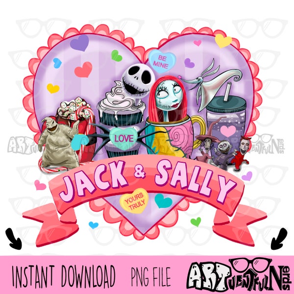 5 Files Jack & Sally Valentine Hearts DIGITAL DOWNLOAD sublimation design PNG 300 dpi shirts mugs aprons tumblers transfers nightmare before
