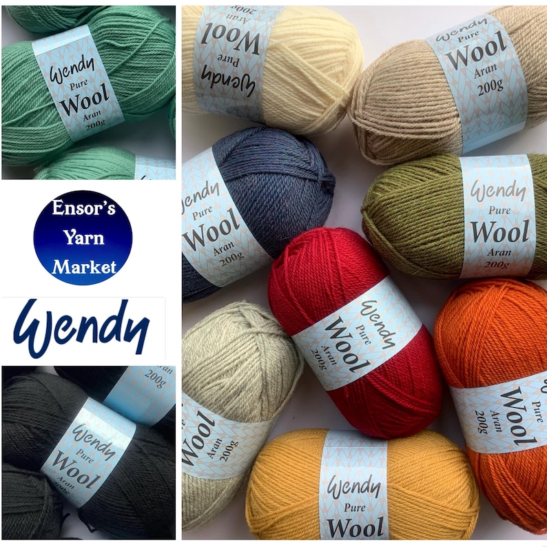 May include: Assortment of Wendy Pure Wool Aran yarn in various colours, including green, beige, blue, red, orange, yellow, and black. Each skein is labelled with the brand name, "Wendy Pure Wool Aran", and the weight, "200g".