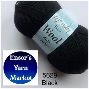 WENDY Pure Wool Aran 200g (100% British Wool) 10 Shades 5629 Black