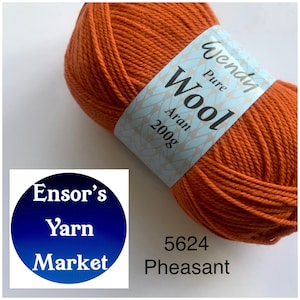 May include: A ball of orange Aran weight yarn labelled "Wendy Pure Wool Aran 2008g" and "5624 Pheasant".
