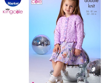 May include: A King Cole 6602 double knit pattern featuring a light purple speckled cardigan with buttons and a ruffled hem, paired with a floral print skirt. The text includes King Cole, 6602, double knit, 56-81 cm, and 22-32 in.