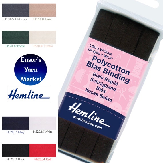 Hemline Black Polycotton Bias Binding - 12mm (1/2") Wide X 5 Metres Long | Sewing Bias Tape, Washable