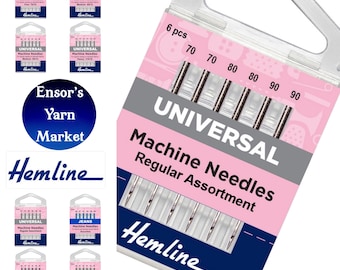 May include: A pack of 6 Hemline Universal Machine Needles in a regular assortment. The needles are packaged in a clear plastic case with a pink background. The sizes of the needles are 70, 80, and 90.