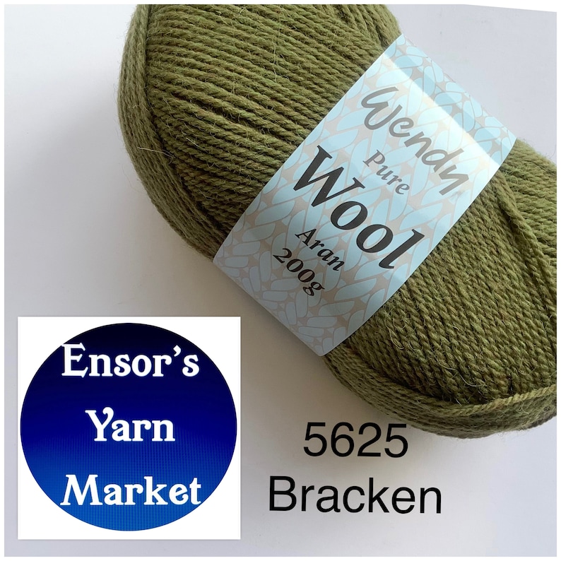 May include: A skein of green Aran weight yarn labelled "Wendn Pure Wool Aran 200g" with the colour number 5625 Bracken.