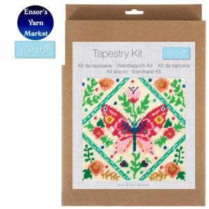 May include: A tapestry kit with a butterfly design. The kit includes a canvas with a stitched butterfly, surrounded by flowers and greenery. The dimensions are 21.3 x 21.3 cm.