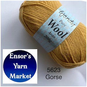 May include: A ball of yellow Aran weight yarn labelled "Wendy Pure Wool Aran 200g" and "5623 Gorse". The yarn is from Ensor's Yarn Market.