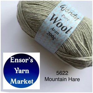 May include: A skein of Wendy Pure Wool Aran yarn in the colour Mountain Hare, a light green shade. The yarn is 200g and is labelled with the brand name and colour number.