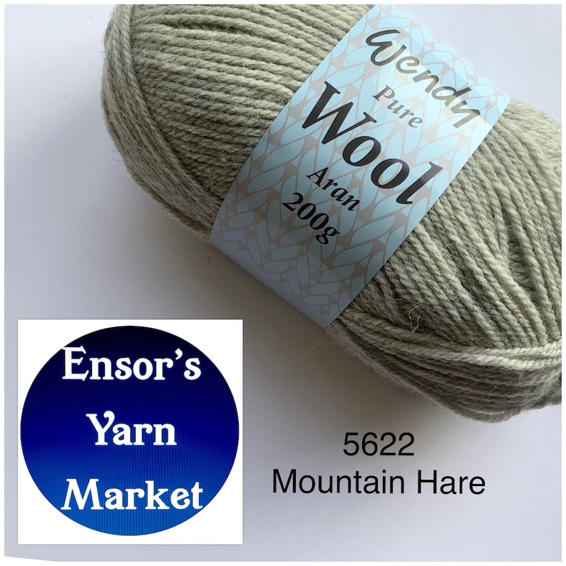 May include: A skein of Wendy Pure Wool Aran yarn in the colour Mountain Hare, a light green shade. The yarn is 200g and is labelled with the brand name and colour number.