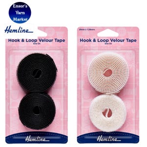 May include: Two packages of Hemline Hook & Loop Velour Tape for sewing. One package contains two black rolls, and the other contains two white rolls. Each package is labelled 20mm x 1.25mtrs and features a pink backing card with sewing icons.