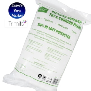May include: A white bag of recycled polyester toy and cushion filling. The bag is labelled "Recycled Supersoft Toy & Cushion Filling" and "100% Hi-Loft Polyester". The bag is 2.5 kg and is safe, hygienic, washable, and clean.