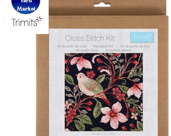 May include: A cross stitch kit with a floral and bird design. The kit includes a pre-printed fabric with a pattern of pink flowers, green leaves, and a bird against a dark blue background. The kit measures 36 x 36cm.