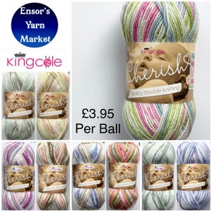 May include: A collection of King Cole Cherish baby double knitting yarn balls in assorted colors. Each ball is labelled with "Cherish" and "baby double knitting", with a baby's face. The image also includes the text "Ensor's Yarn Market".