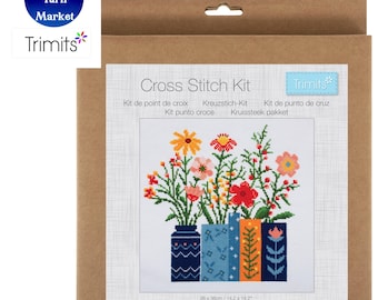 May include: A cross stitch kit featuring a colorful floral design in vases. The kit includes the text "Cross Stitch Kit" and "Trimits". The dimensions are 14.2 x 14.2 inches.