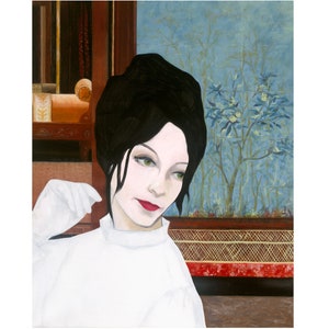 May include: A painting of a woman with dark hair and a white blouse. She is looking to the right, and her face is partially obscured by her hair. The background is a blue and green patterned wall.