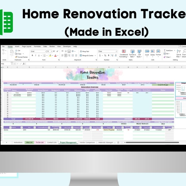 Renovation Planner, Home Renovation, Home Remodel, Renovation Budget, Renovation Template, Renovation Organizer, Excel Spreadsheet