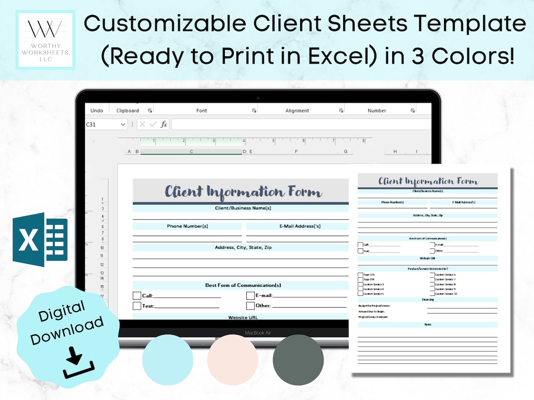 Client Sheet, Client Intake Form, Client Info Excel, Client Contract