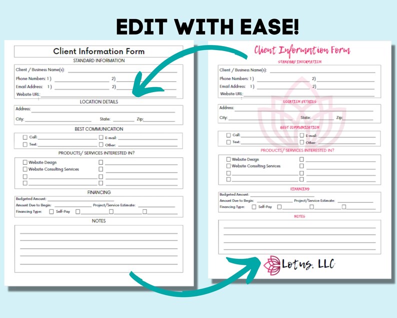 Client Sheet, Client Intake Form, Client Info Excel, Client Contract