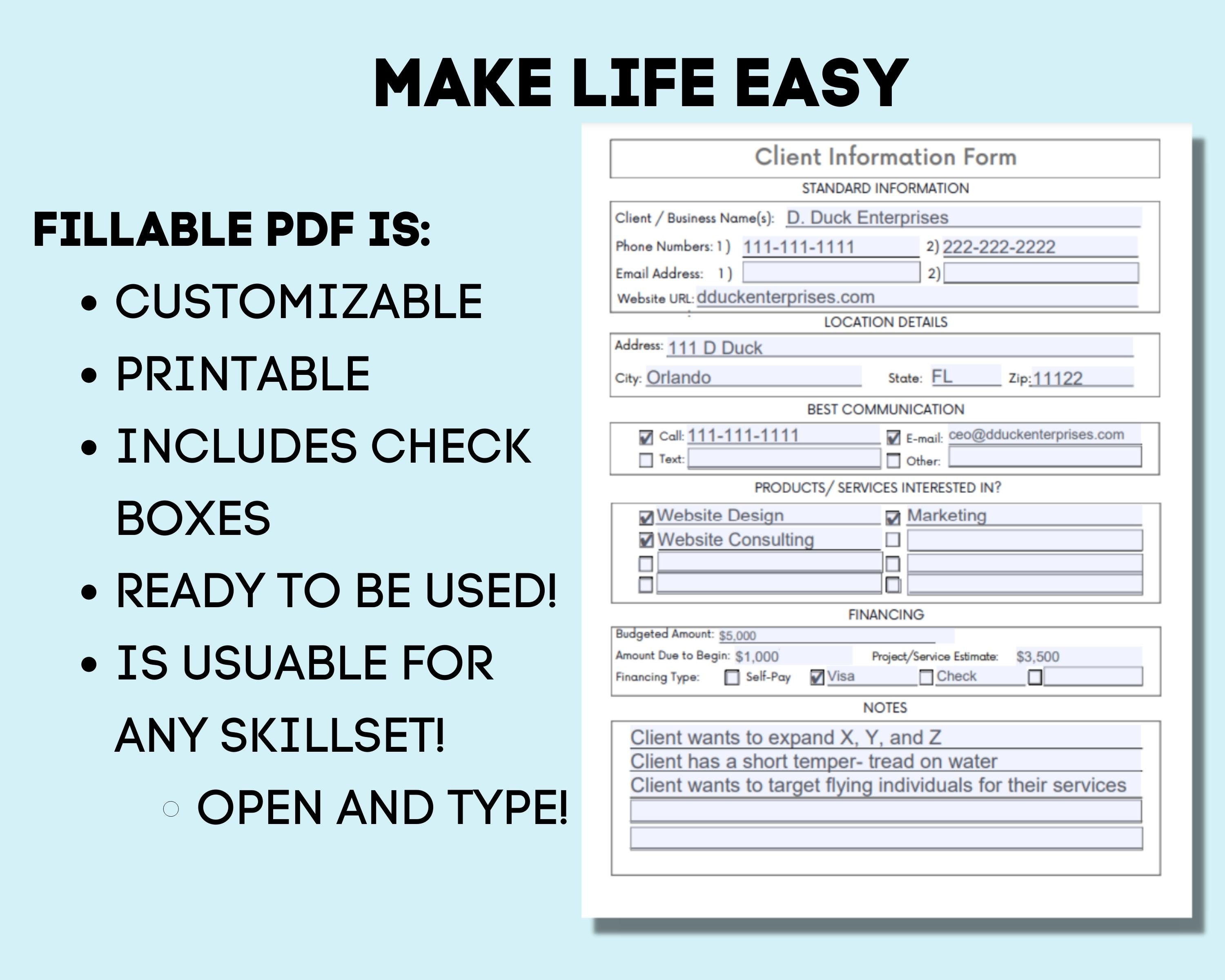 Client Sheet, Client Intake Form, Client Info Excel, Client Contract