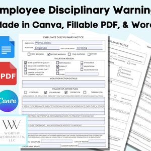 Employee Warning, Employee Disciplinary Notice, Employee Write Up, Employee Warning Notice, HR Forms, Fillable PDF, Employee Review,