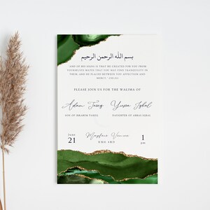 May include: A wedding invitation with a white backdrop, decorated with green and gold watercolour designs. The text includes Arabic script and English text, announcing a Walima. The date is June 21st, with a venue and time.