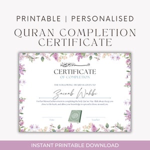 Personalised Floral Quran Completion Certificate | Hafidha Hafiza, frame | Digital Download