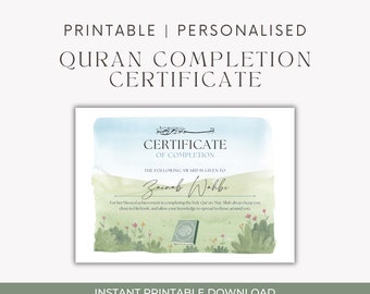 May include: A printable, personalized Quran Completion Certificate. The certificate has a watercolor design with a blue sky and green landscape. The text reads "Certificate of Completion" and includes a name and a congratulatory message.
