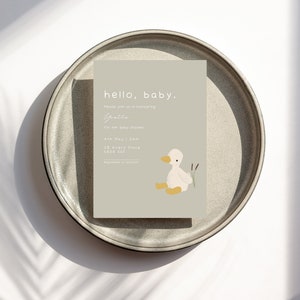 Personalised &quot;Hello Baby&quot; Sage Green Baby Goose Gender Neutral Baby Shower Invitation