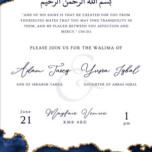 May include: Wedding invitation with a navy blue and gold design. The invitation features Arabic script, English text, and the names Adam Tareq and Yusra Iqbal. The date is June 21st at 1 pm.