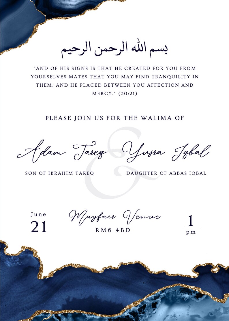 May include: Wedding invitation with a navy blue and gold design. The invitation features Arabic script, English text, and the names Adam Tareq and Yusra Iqbal. The date is June 21st at 1 pm.