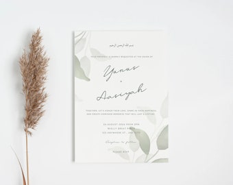 May include: Wedding invitation with elegant calligraphy and watercolor eucalyptus leaves. The invitation includes the names Yunus and Aasiyah, event details, and a request for RSVP. The design is minimalist with a soft, neutral color palette.