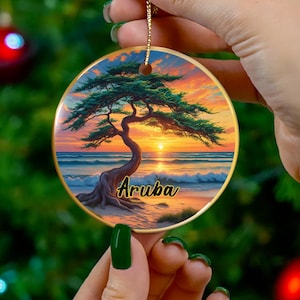 Aruba Ornament, Aruba Beach Divi Tree Vacation Gift, Travel Gift, Ceramic Christmas Tree Ornament, Honeymoon Vacay