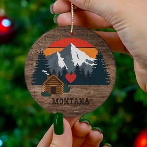 Montana Ornament, Montana Gift, Christmas Ornaments, Rustic Mountain Log Cabin Decor, Heart Ornament Ceramic
