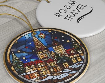 Custom Christmas Market Rhine Ornament, Corporate Logo Back, Ceramic Ornament, 2-sided Print, Travel Group Gift