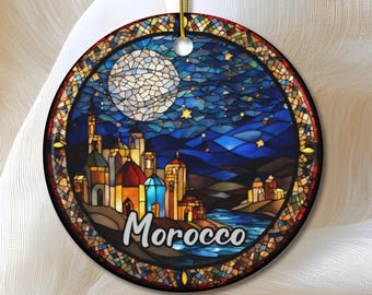 Morocco Ornament, Faux Stained Glass Ornament, Africa Travel GIft, Family Vacation Trip, Keepsake Heirloom Souvenir Ceramic