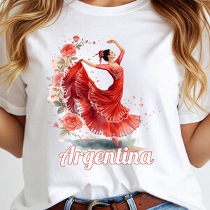 Camiseta argentina, camiseta romántica con estampado floral de bailarina de flamenco española, regalo de recuerdo, camiseta unisex de estilo suave.