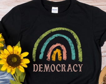 Democracy Politics Shirt, Political Shirt for Men Women, Cute Rainbow Protest Political Tshirt, Unisex Softstyle T-Shirt