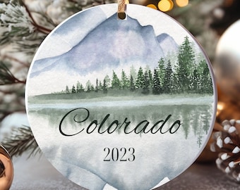 Colorado Ornament, Cute Watercolor Mountain Christmas Tree Ornament, Colorado Gifts, Custom Year