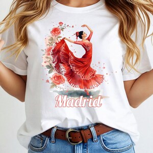 Camiseta Madrid, Camiseta romántica con estampado floral de bailarina de flamenco española, Regalo de recuerdo Camiseta unisex de estilo suave