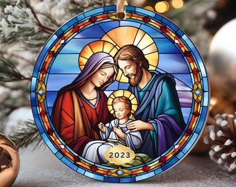 Biblical Christmas Ornament 2023, Holy Family Ornament, Manger Ornament, Christmas Nativity Gift, Stained Glass Style Ceramic Ornament