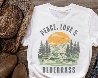 Bluegrass Shirt, Peace Love Shirt, Telluride Bluegrass Festival, Mountain Bluegrass Music Tshirt, Retro Colorado Gift
