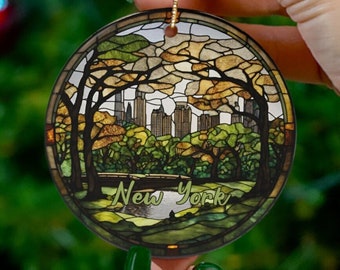 New York Ornament, Faux Stained Ornament, Central Park Vacation Gift, Ceramic Christmas Tree Ornament, Honeymoon Vacay Travel Gift