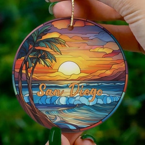 San Diego Ornament, Faux Buntglas Weihnachtsdekoration, Urlaub Geschenkidee, Erbstück Andenken, runde Keramik, Geschenkidee, Geschenkbörse