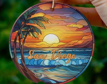 San Diego Ornament, Faux Stained Glass Christmas Decoration, Holiday Gift Idea, Heirloom Keepsake, Round Ceramic, Gift Idea, Gift Exchange