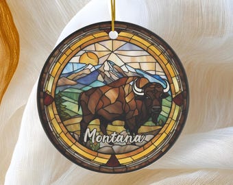 Montana Ornament, Faux Stained Glass Ornament, Buffalo Ornament, Family Vacation Trip, Travel Gift, Keepsake Heirloom Ceramic