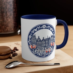 Amsterdam Mug, Amsterdam Coffee Mug, Netherlands Travel Gift, Gift for Her, Blue Tulip Canal Houses Design, Souvenir Keepsake