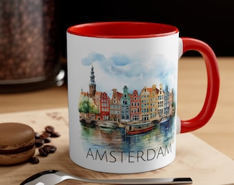 Amsterdam Mug, Netherlands Gift, Amsterdam Watercolor Coffee Mug, Travel Gift for Christmas and Birthdays