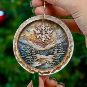 2024 Christmas Ornament, Mountain Valley and Evergreens, Cozy Rustic Snowy Winter Keepsake Bauble