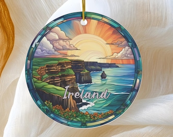 Ireland Ornament, Faux Stained Ornament, Vacation Gift, Ceramic Cliffs of Mohar Christmas Tree Ornament, Honeymoon Vacay Travel Gift