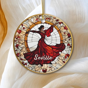 Seville Ornament, Spain Travel Gift, Flamenco Dancer, Faux Stained Glass Keepsake, Christmas Tree Ornament
